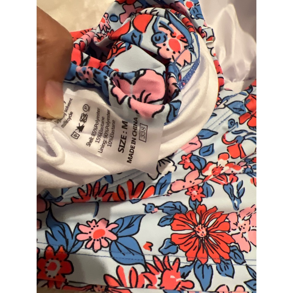 Floral Tankini Swim Top Blue Pink Coral Adjustable Straps Size Medium - Picture 3 of 3